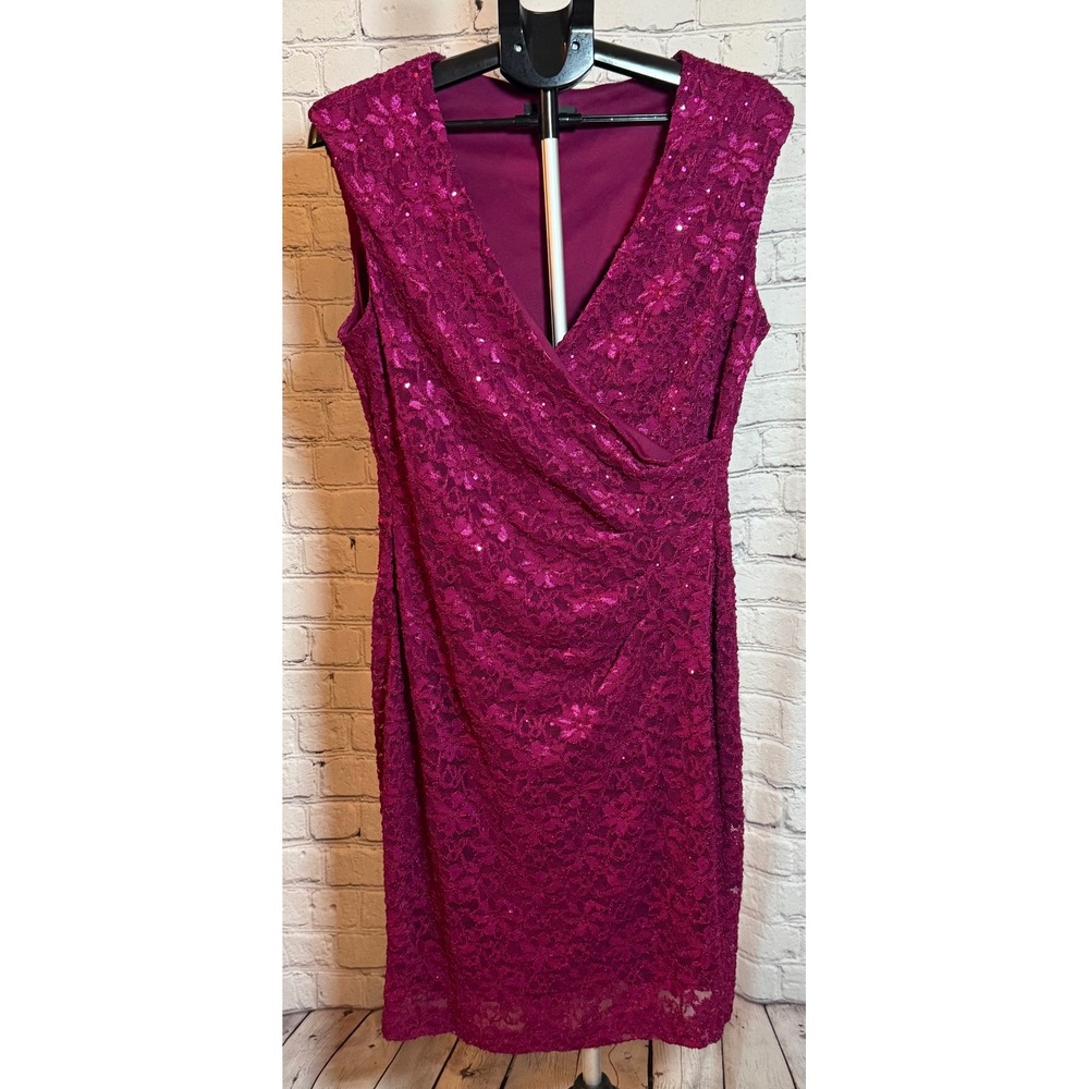Connected Apparel Magenta Lace Sequin Faux Wrap Sheath Dress Pink 12